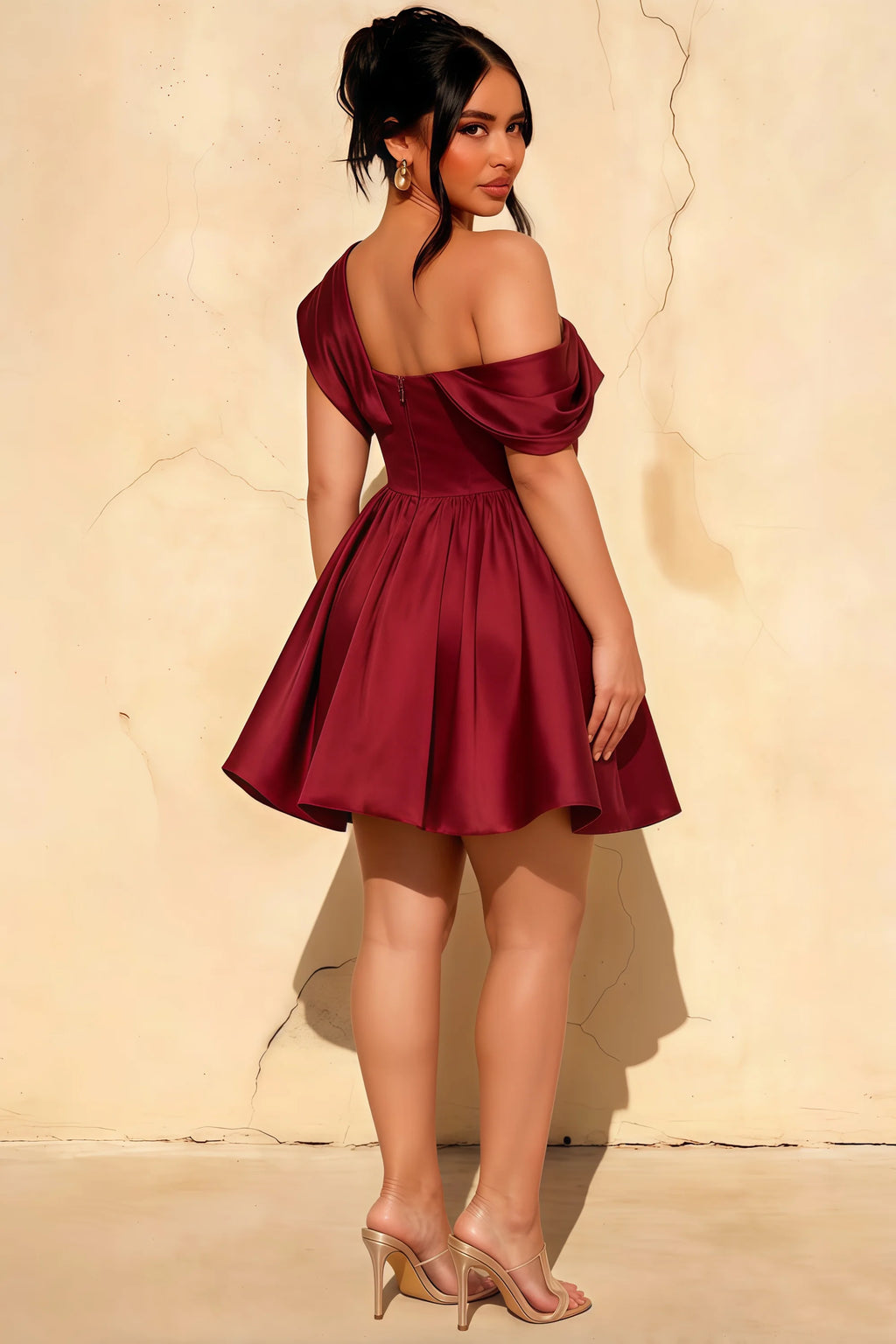 Curvy Model Back Shot in LVLVS Burgundy Asymmetric Neck Skater Dress Ideal for Sorority Rush and Graduation Ceremonies