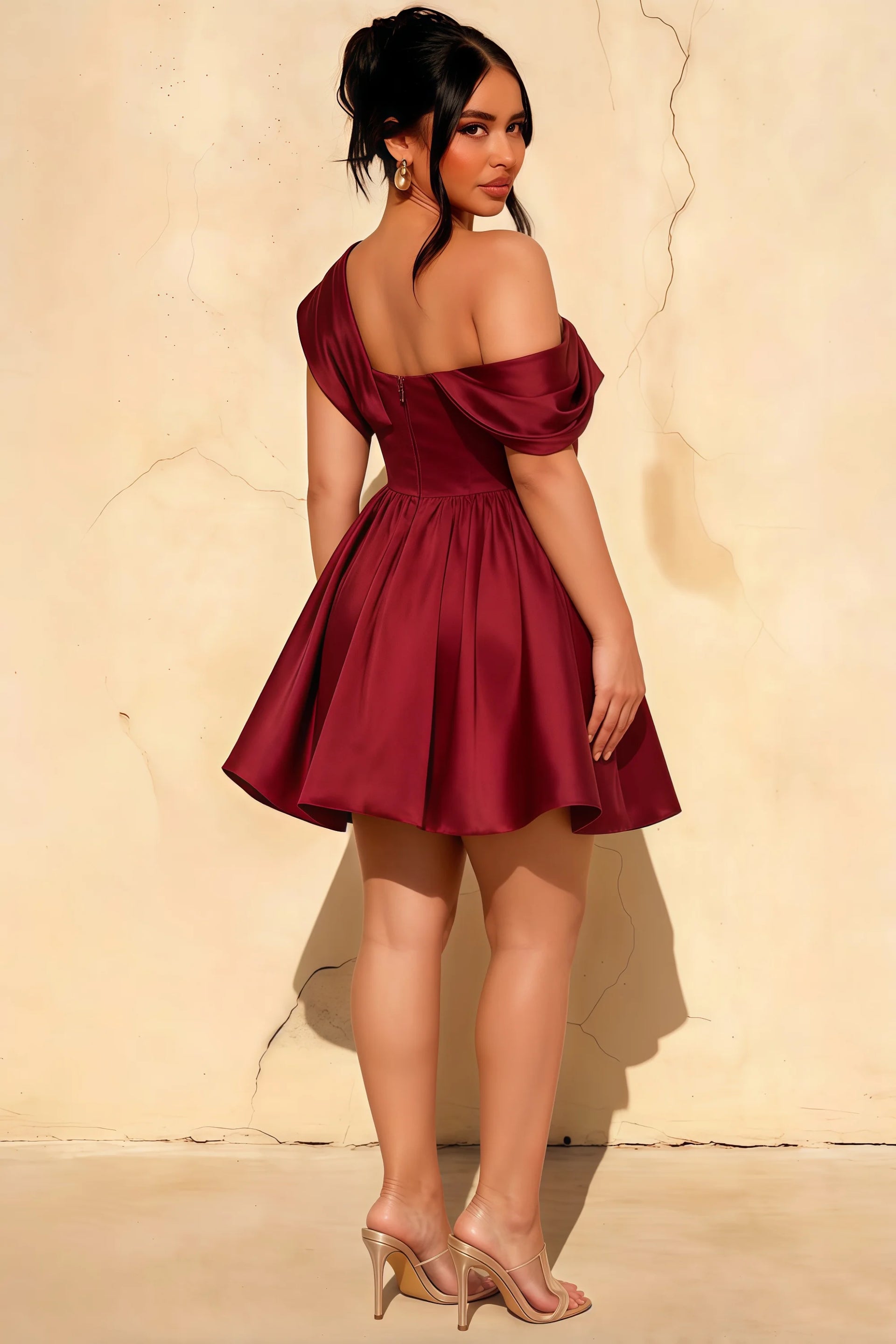 Curvy Model Back Shot in LVLVS Burgundy Asymmetric Neck Skater Dress Ideal for Sorority Rush and Graduation Ceremonies