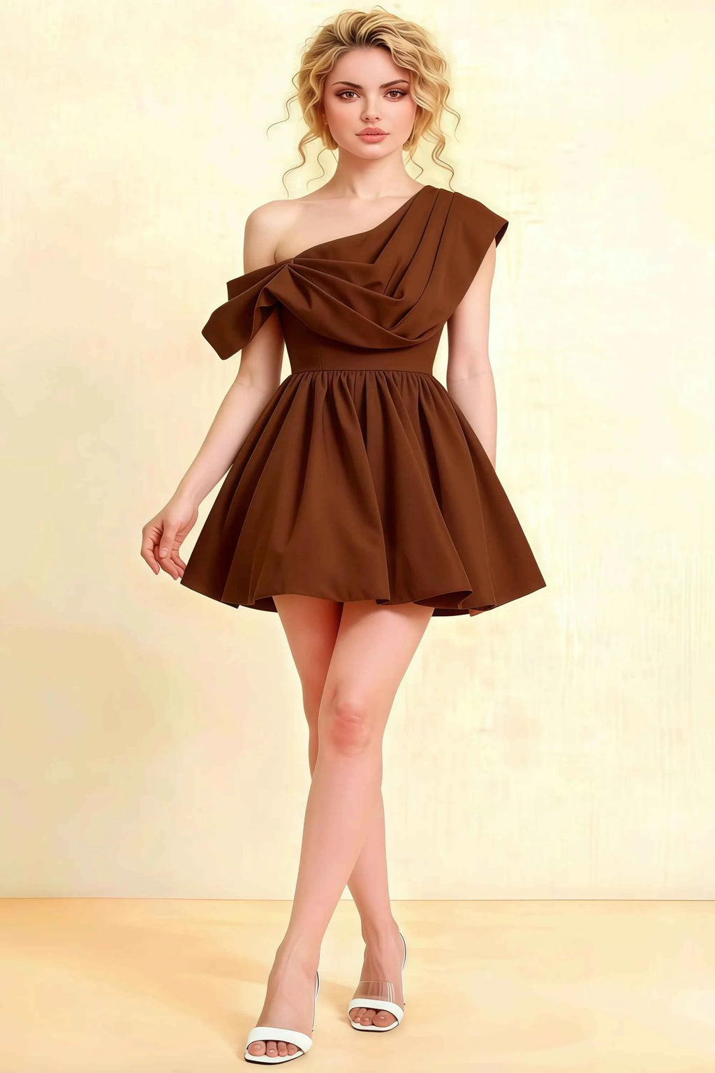 Cecilia Chocolate One Shoulder Mini Skater Dress with Draped Asymmetric Neck