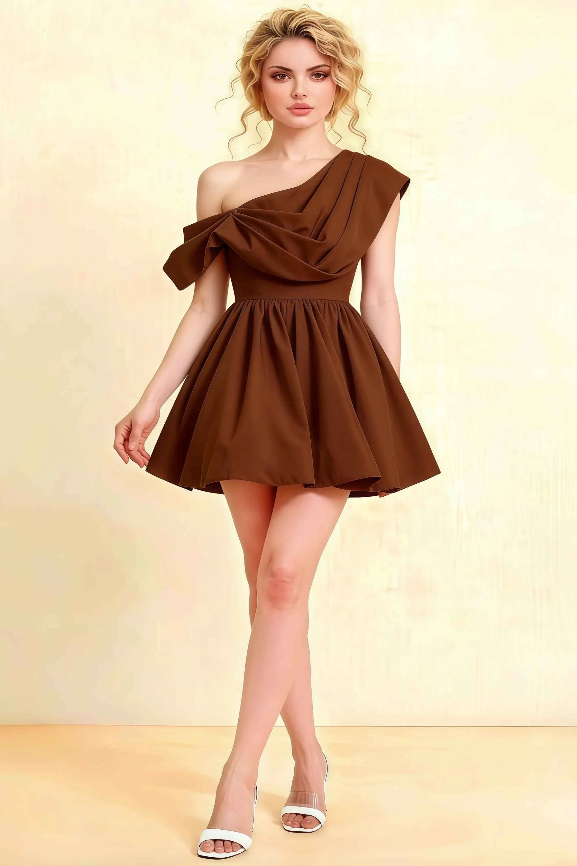 Cecilia Chocolate One Shoulder Mini Skater Dress with Draped Asymmetric Neck
