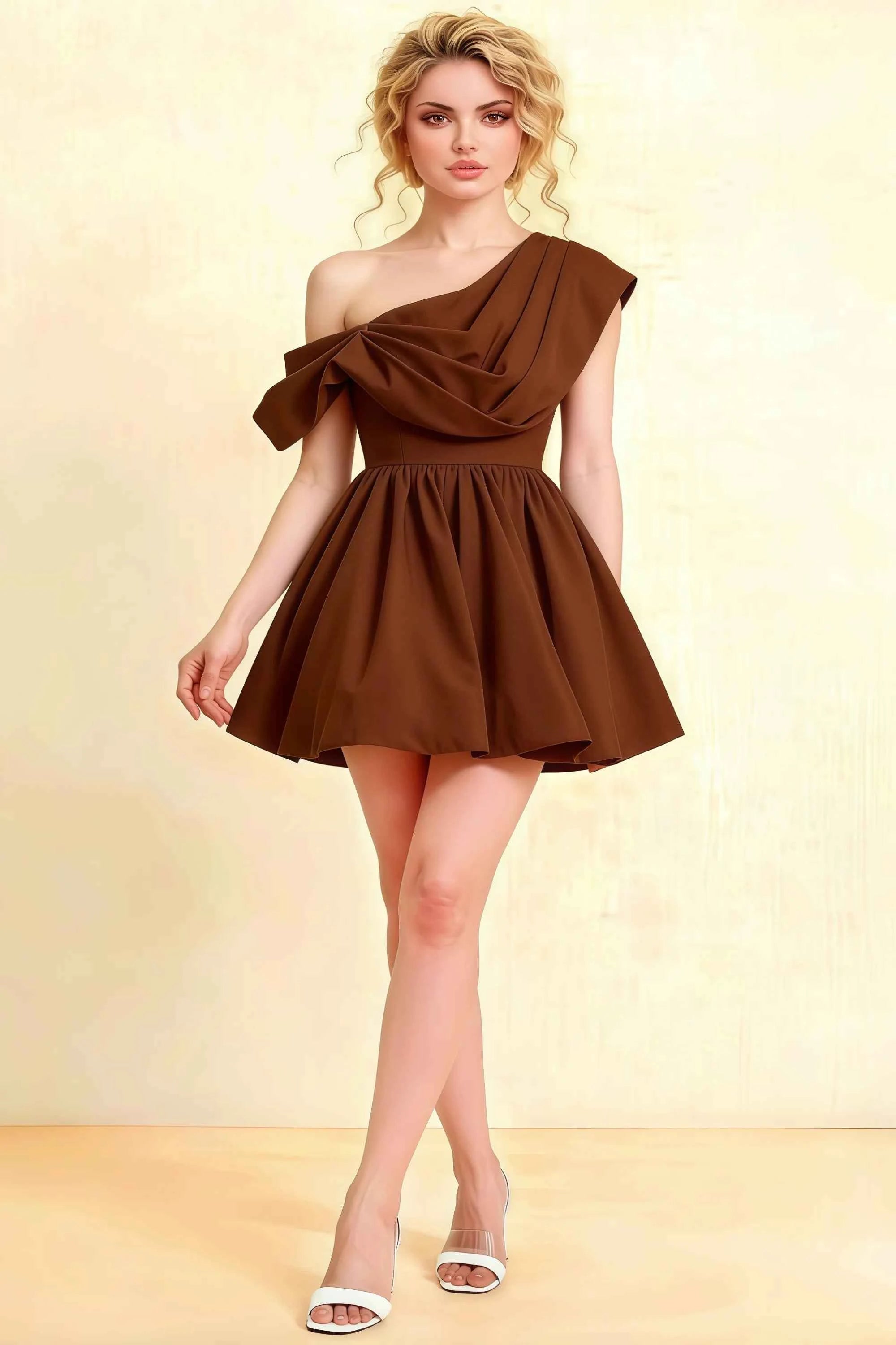 Cecilia Chocolate One Shoulder Mini Skater Dress with Draped Asymmetric Neck Imagen principal del producto