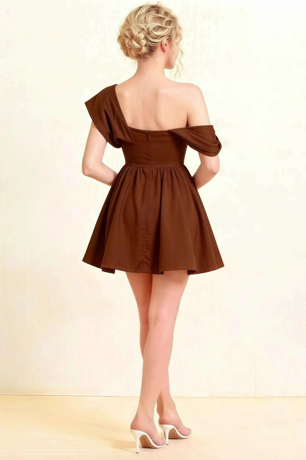 Cecilia Chocolate One Shoulder Mini Skater Dress with Draped Asymmetric Neck