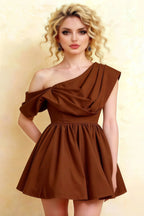 LVLVS Cecilia Chocolate Dress Front Detail - One Shoulder Draped Neck Mini Skater Dress for Club & Cocktail Events