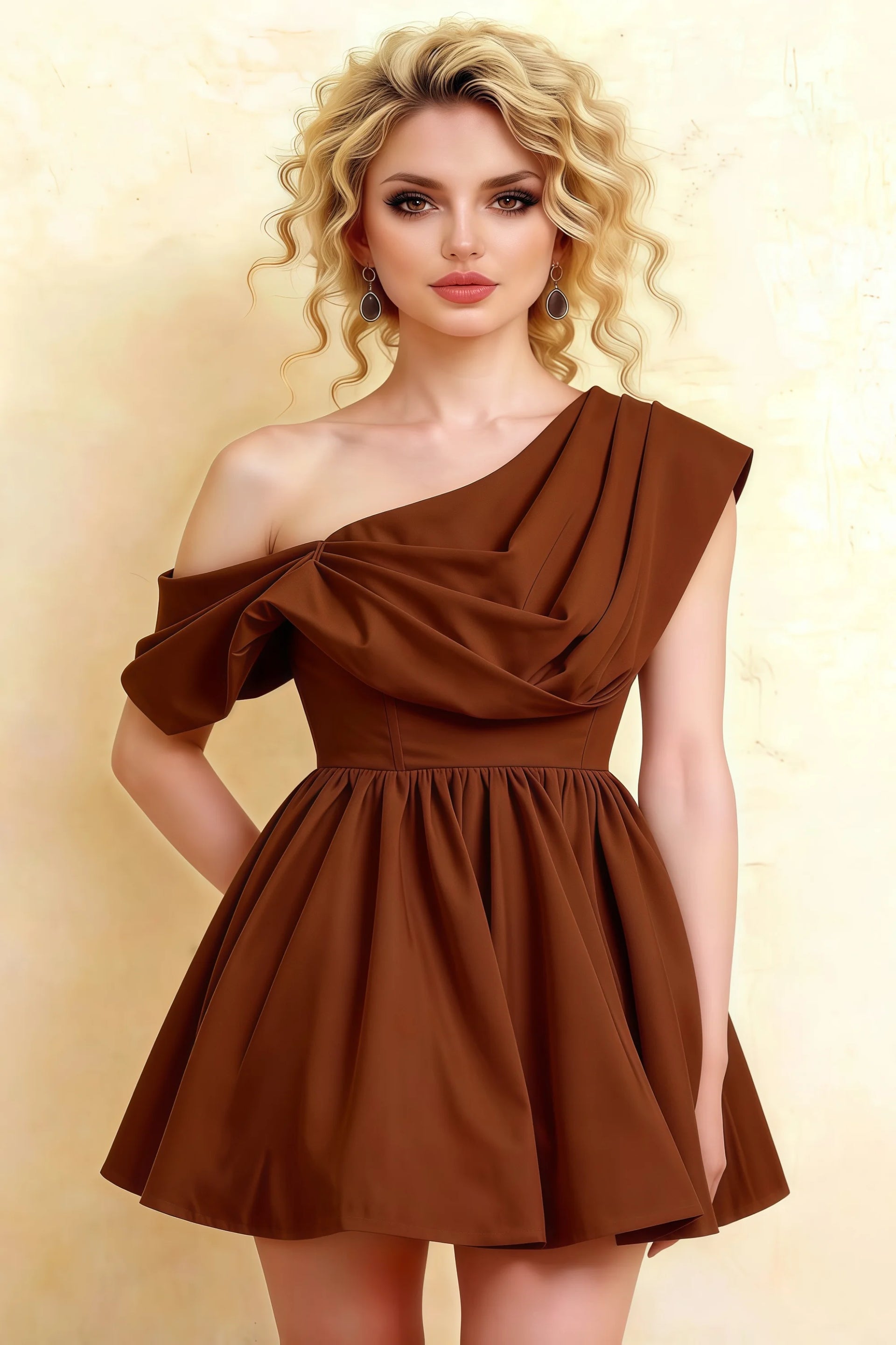 LVLVS Cecilia Chocolate Dress Front Detail - One Shoulder Draped Neck Mini Skater Dress for Club & Cocktail Events