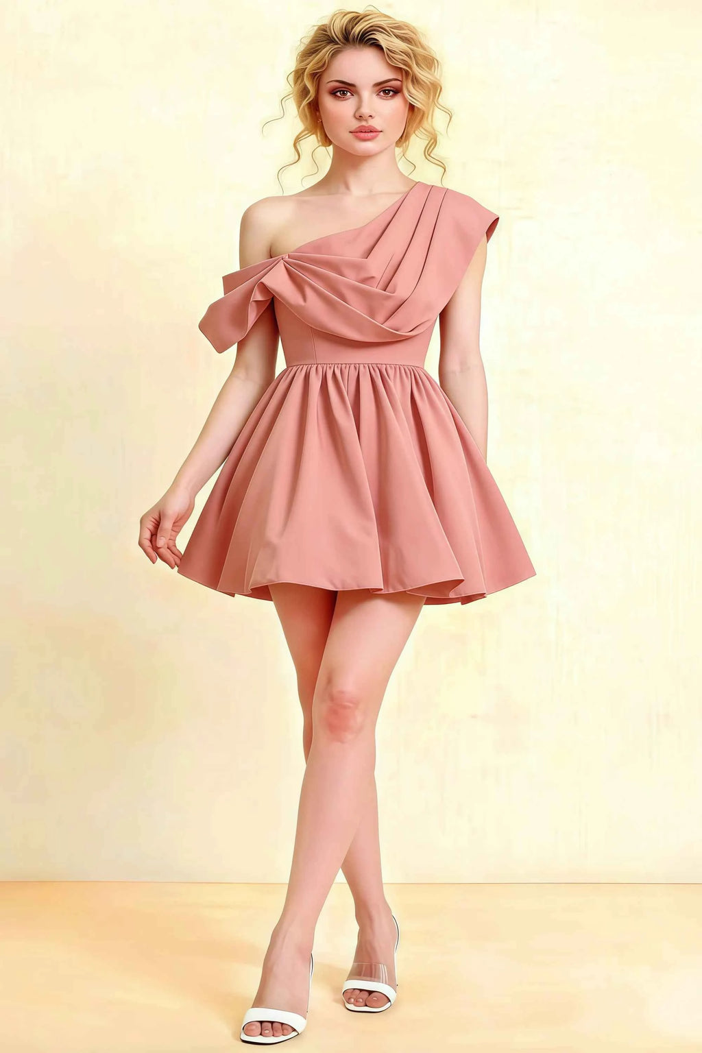 Cecilia Coral One Shoulder Mini Skater Dress with Draped Asymmetric Neck