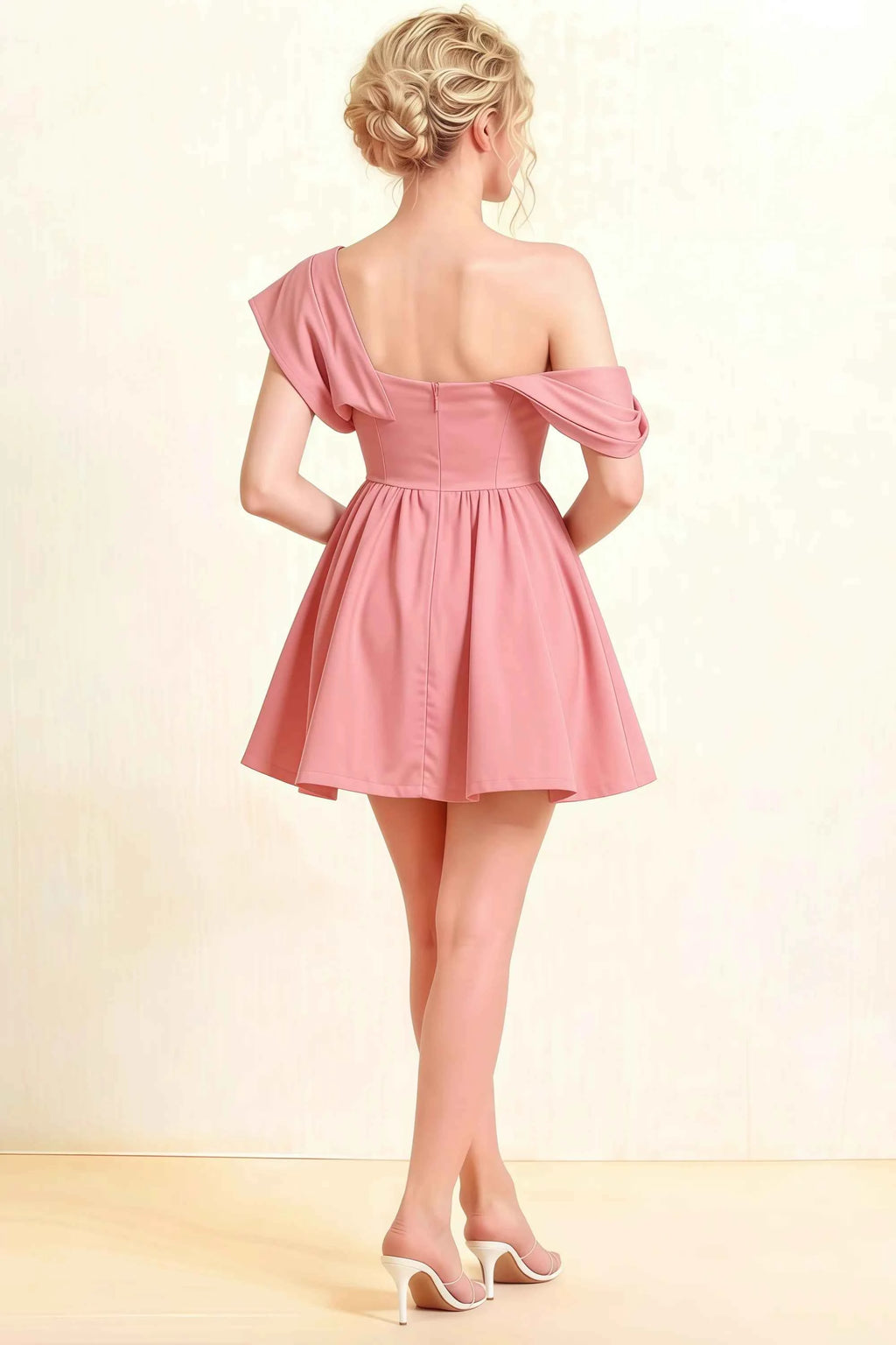 Cecilia Coral One Shoulder Mini Skater Dress with Draped Asymmetric Neck