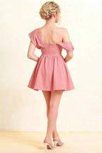 Cecilia Coral One Shoulder Mini Skater Dress with Draped Asymmetric Neck