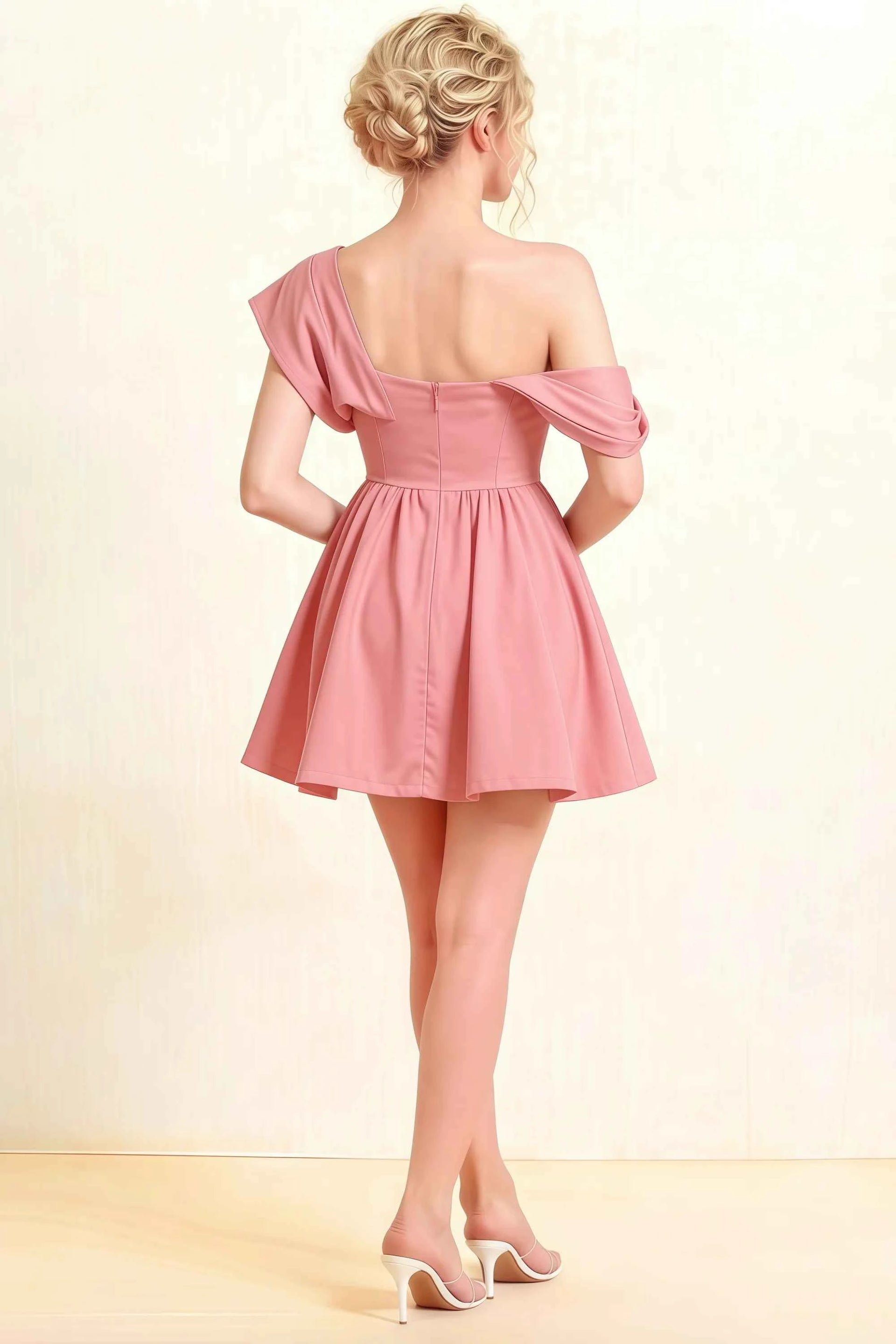 Cecilia Coral One Shoulder Mini Skater Dress with Draped Asymmetric Neck