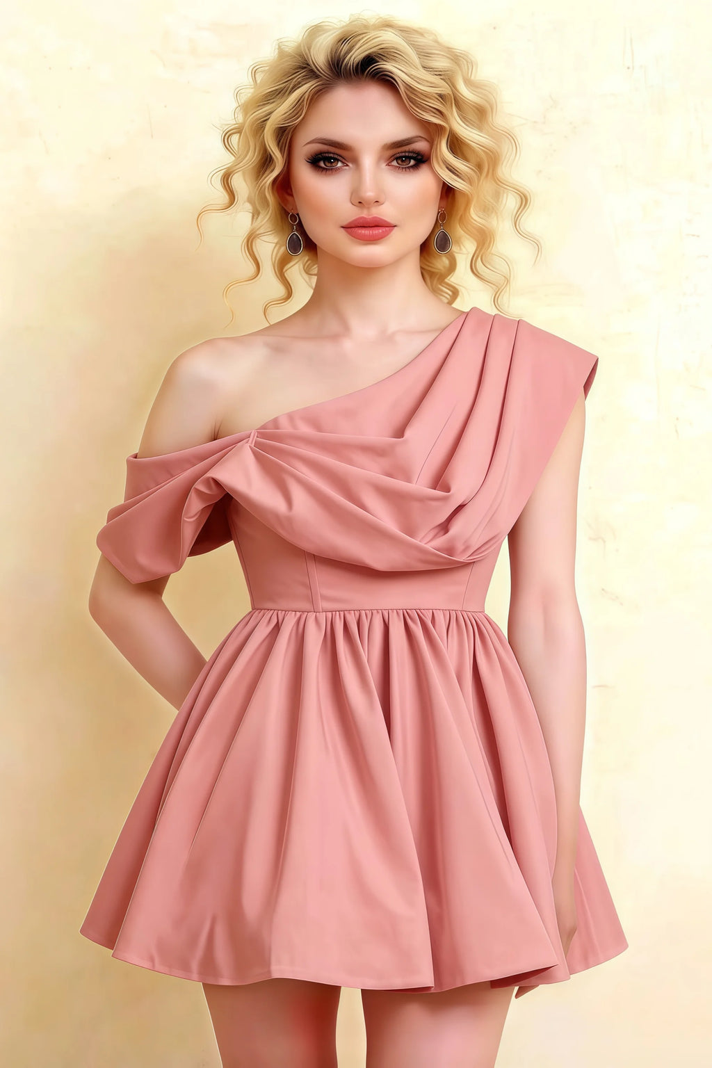 Close up LVLVS Cecilia coral crepe one shoulder mini skater dress draped asymmetric neck classy event
