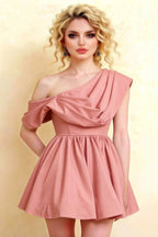 Close up LVLVS Cecilia coral crepe one shoulder mini skater dress draped asymmetric neck classy event