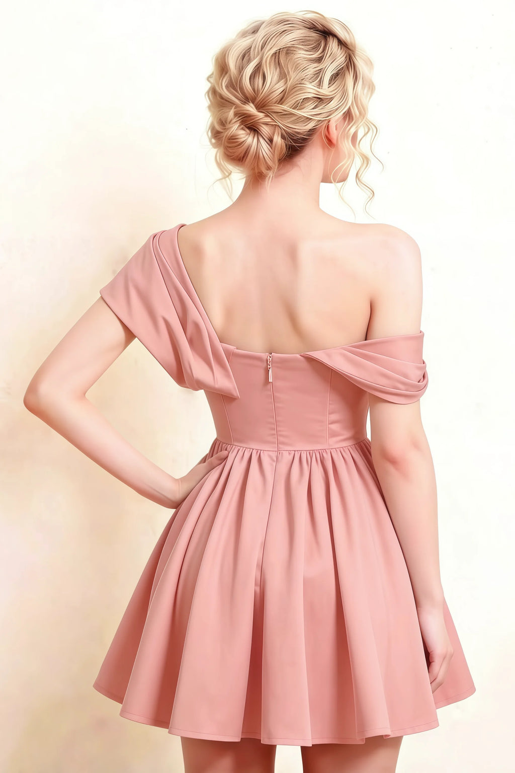 Back detail LVLVS Cecilia coral one shoulder mini skater dress draped asymmetric neck formal occasion