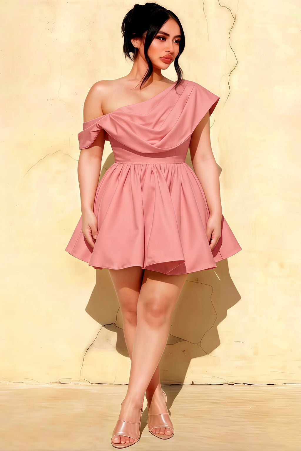 Plus size model LVLVS Cecilia coral one shoulder mini skater dress draped asymmetric neck inclusive fashion