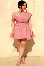 Plus size model LVLVS Cecilia coral one shoulder mini skater dress draped asymmetric neck inclusive fashion