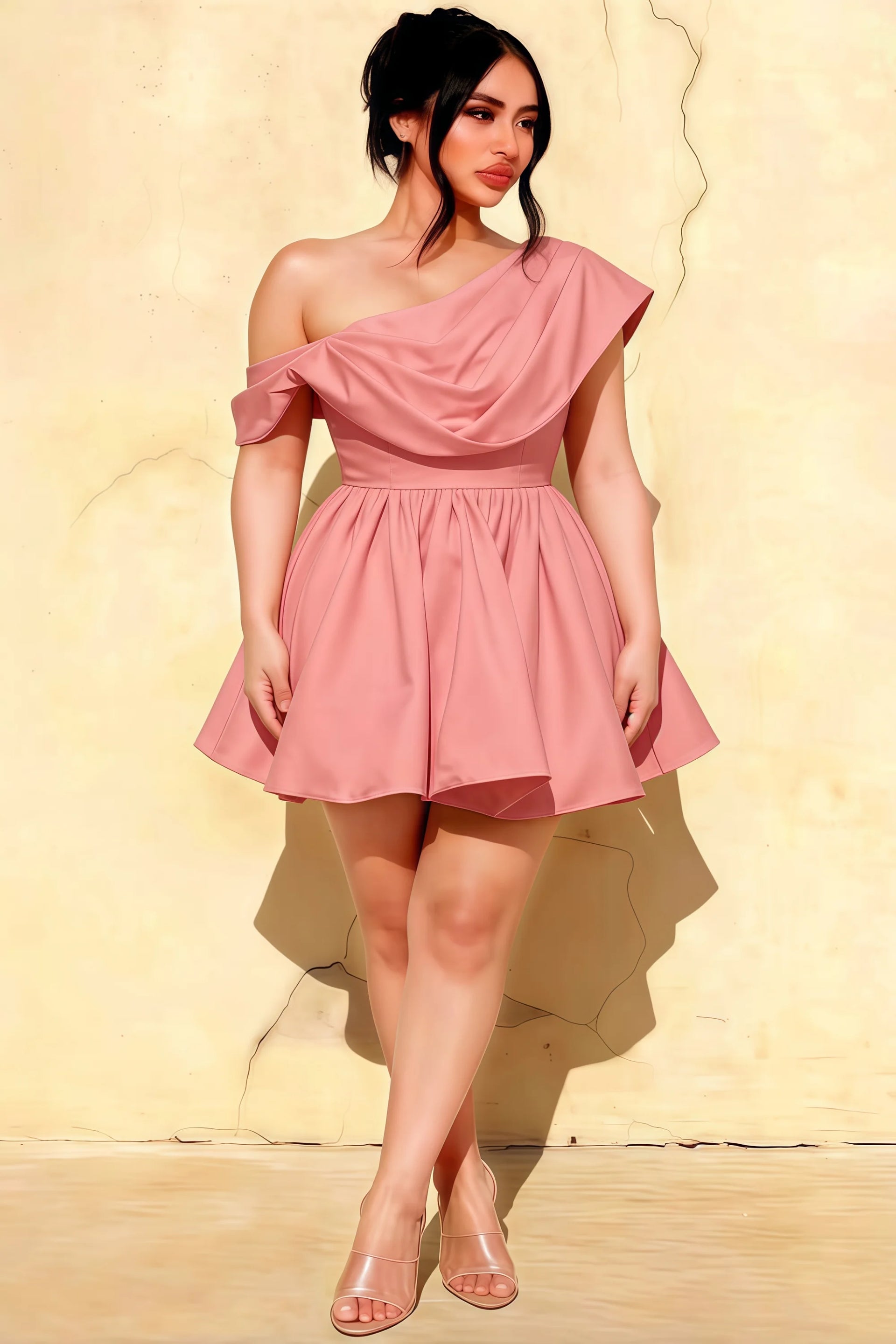 Plus size model LVLVS Cecilia coral one shoulder mini skater dress draped asymmetric neck inclusive fashion