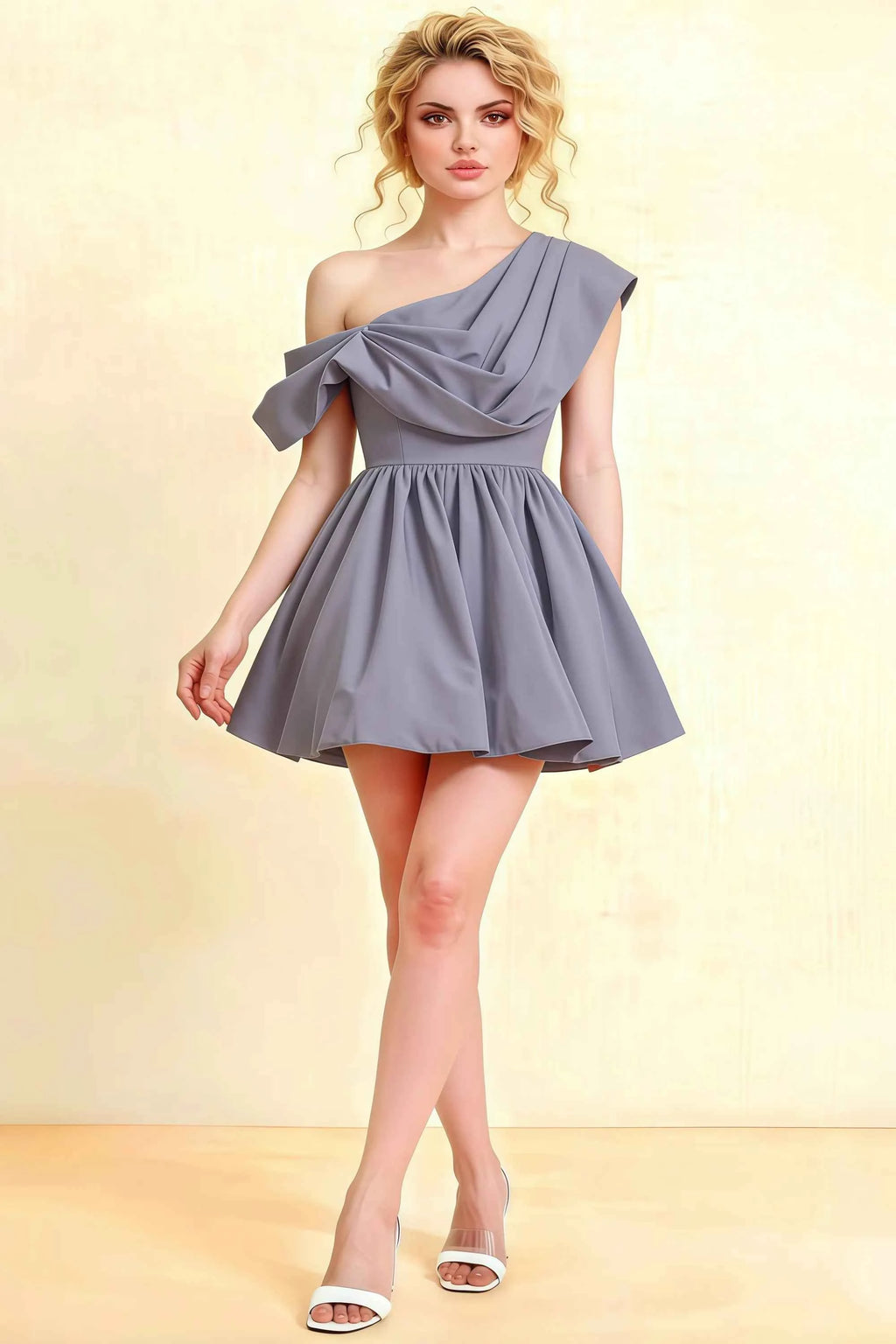 Cecilia Dusty Blue One Shoulder Mini Skater Dress with Draped Asymmetric Neck
