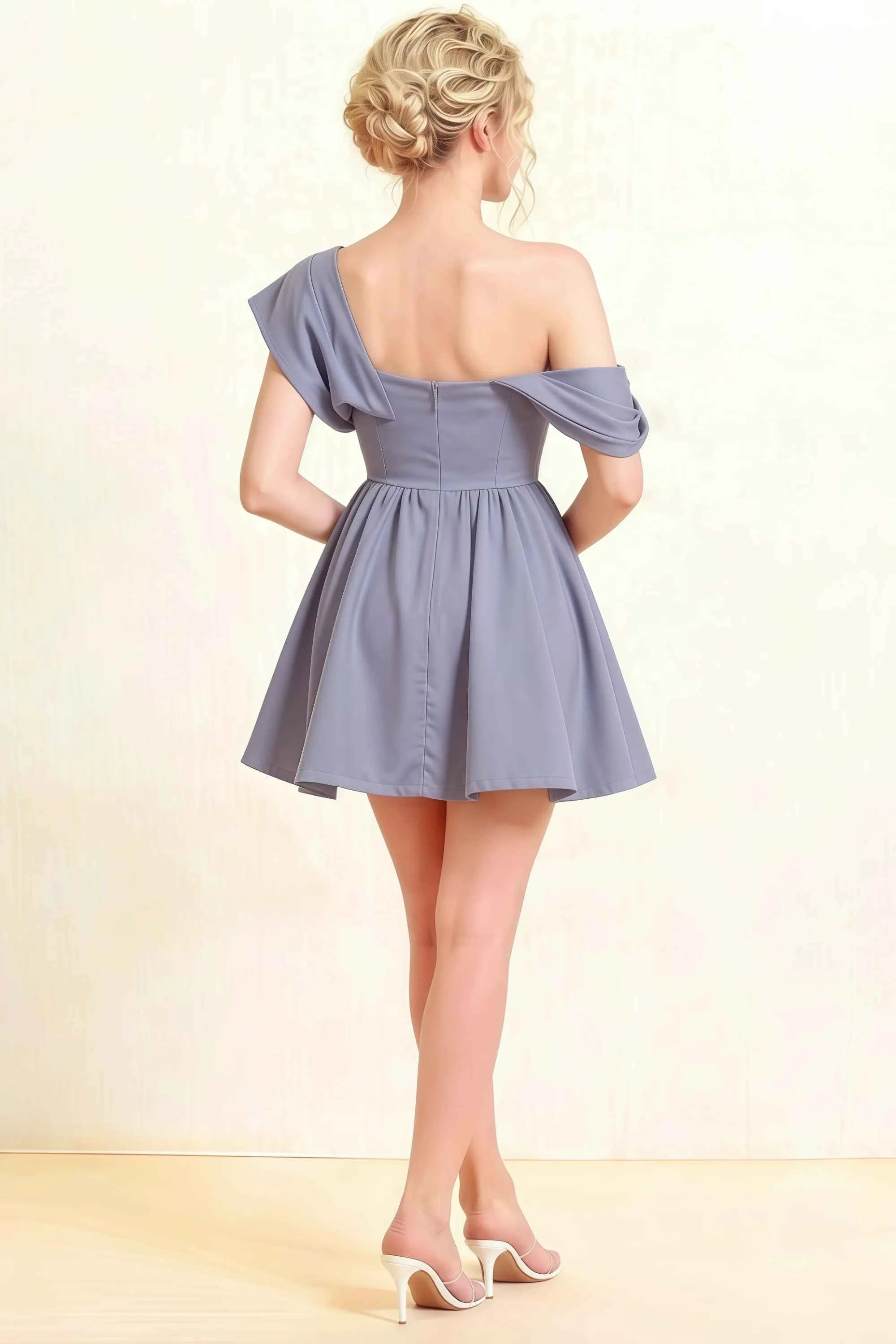 Cecilia Dusty Blue One Shoulder Mini Skater Dress with Draped Asymmetric Neck Imagen secundaria del producto