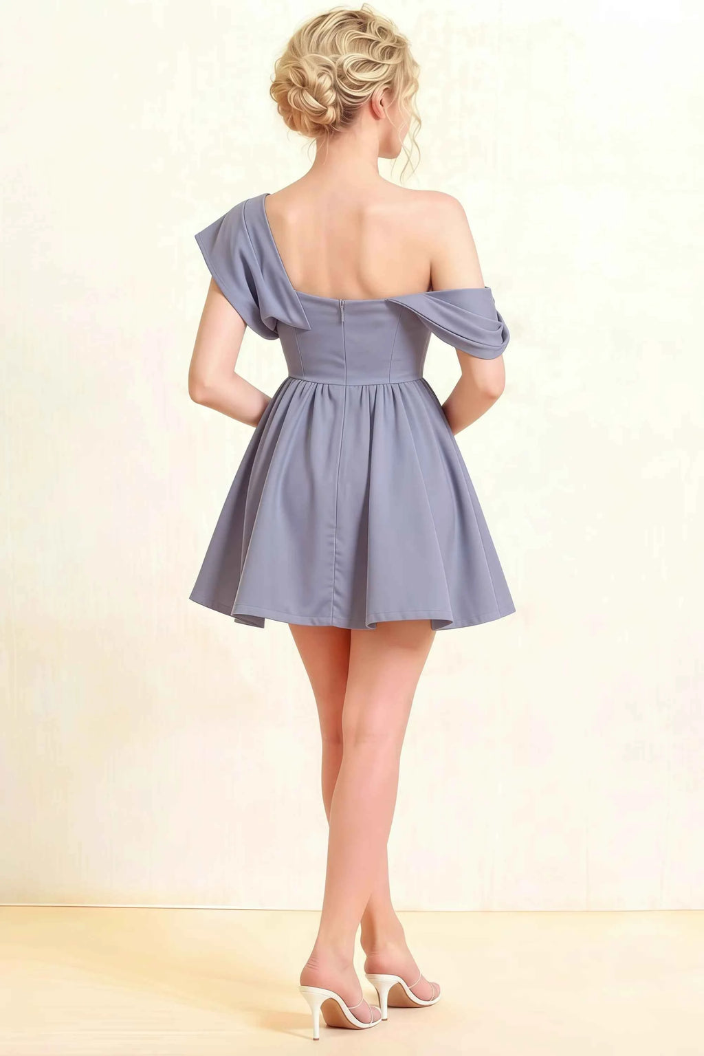 Cecilia Dusty Blue One Shoulder Mini Skater Dress with Draped Asymmetric Neck