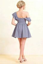 Cecilia Dusty Blue One Shoulder Mini Skater Dress with Draped Asymmetric Neck