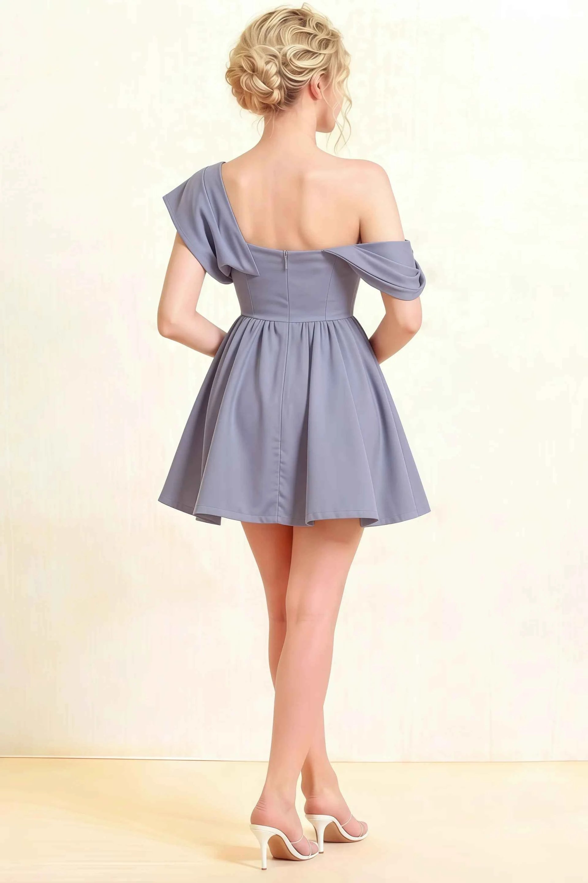 Cecilia Dusty Blue One Shoulder Mini Skater Dress with Draped Asymmetric Neck
