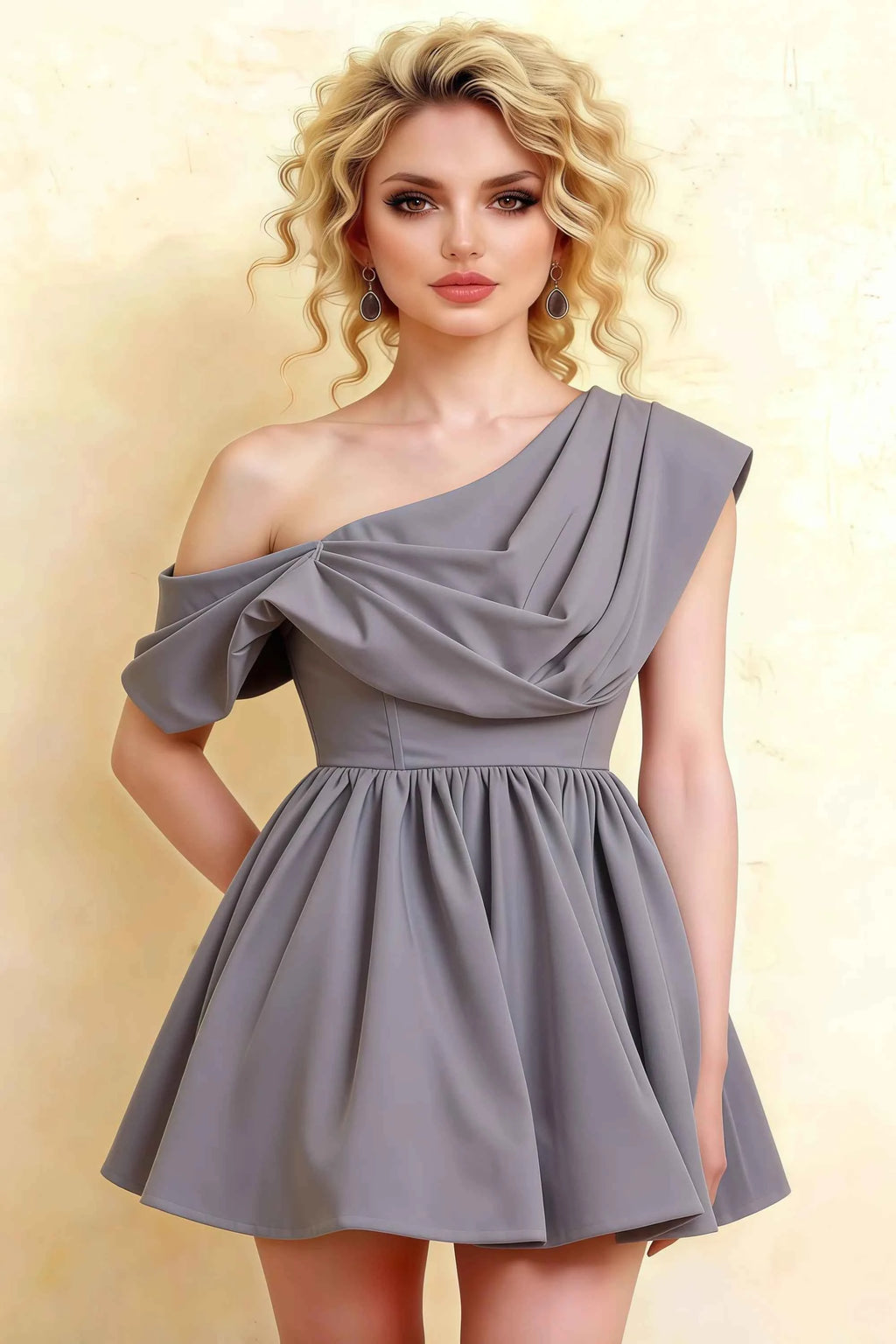 Cecilia Dusty Blue One Shoulder Mini Skater Dress with Draped Asymmetric Neck