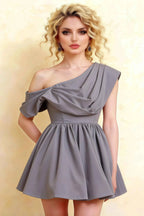 Cecilia Dusty Blue One Shoulder Mini Skater Dress with Draped Asymmetric Neck