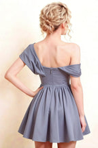 LVLVS Cecilia Dusty Blue One Shoulder Mini Skater Dress Back Detail Zipper Closure for Formal Wedding Guest