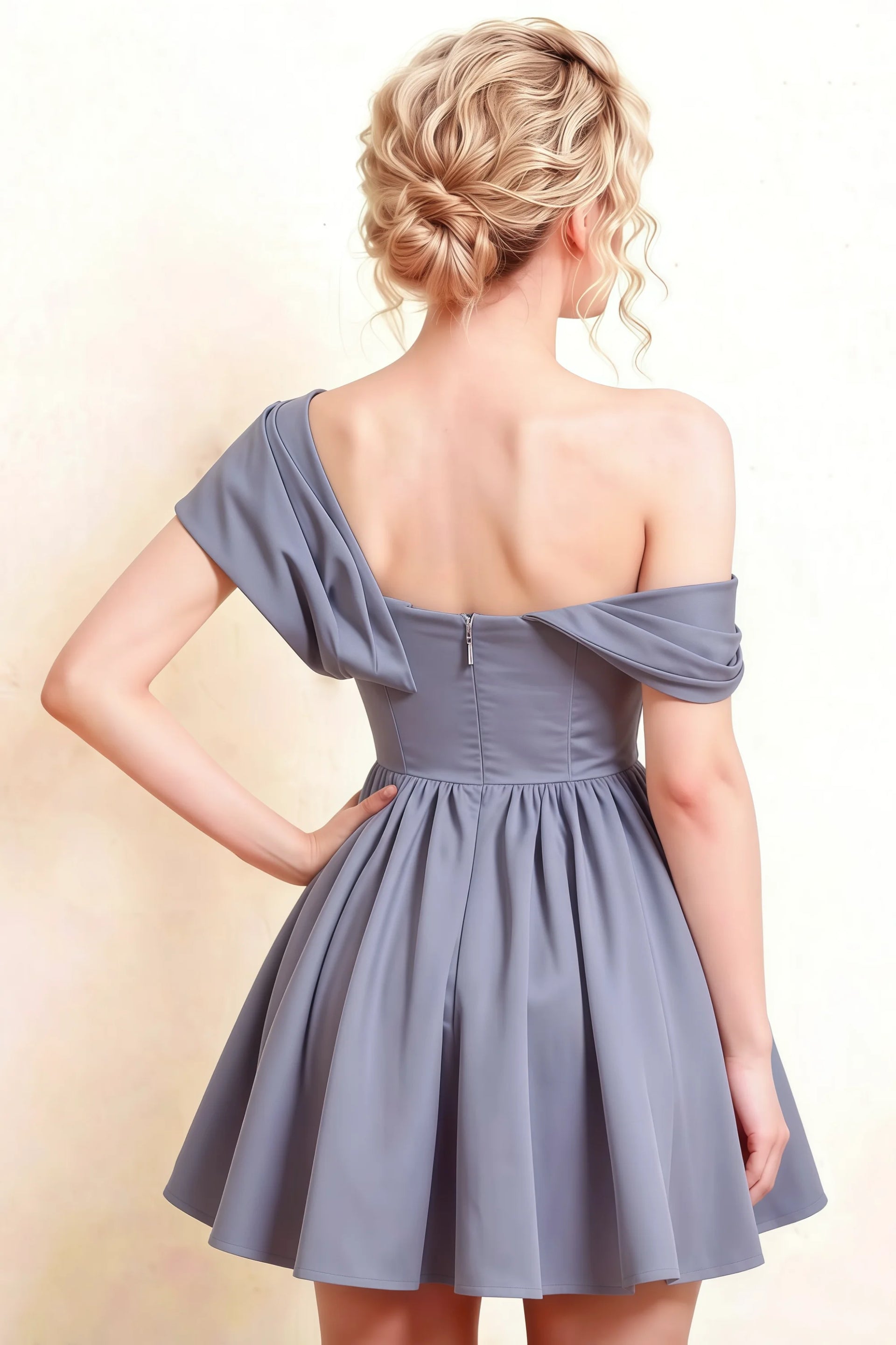 LVLVS Cecilia Dusty Blue One Shoulder Mini Skater Dress Back Detail Zipper Closure for Formal Wedding Guest