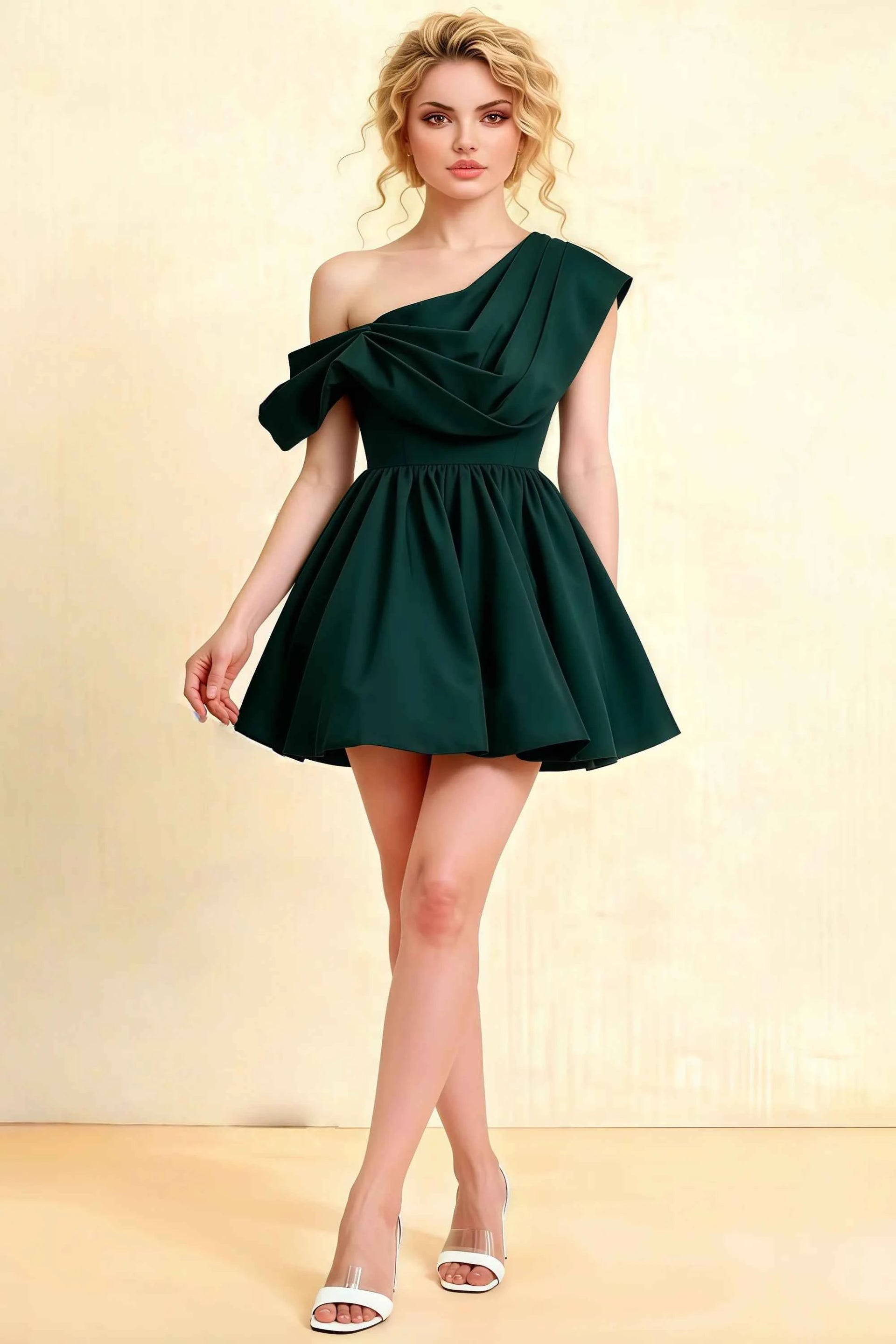 Cecilia Emerald Green One Shoulder Mini Skater Dress with Draped Asymmetric Neck