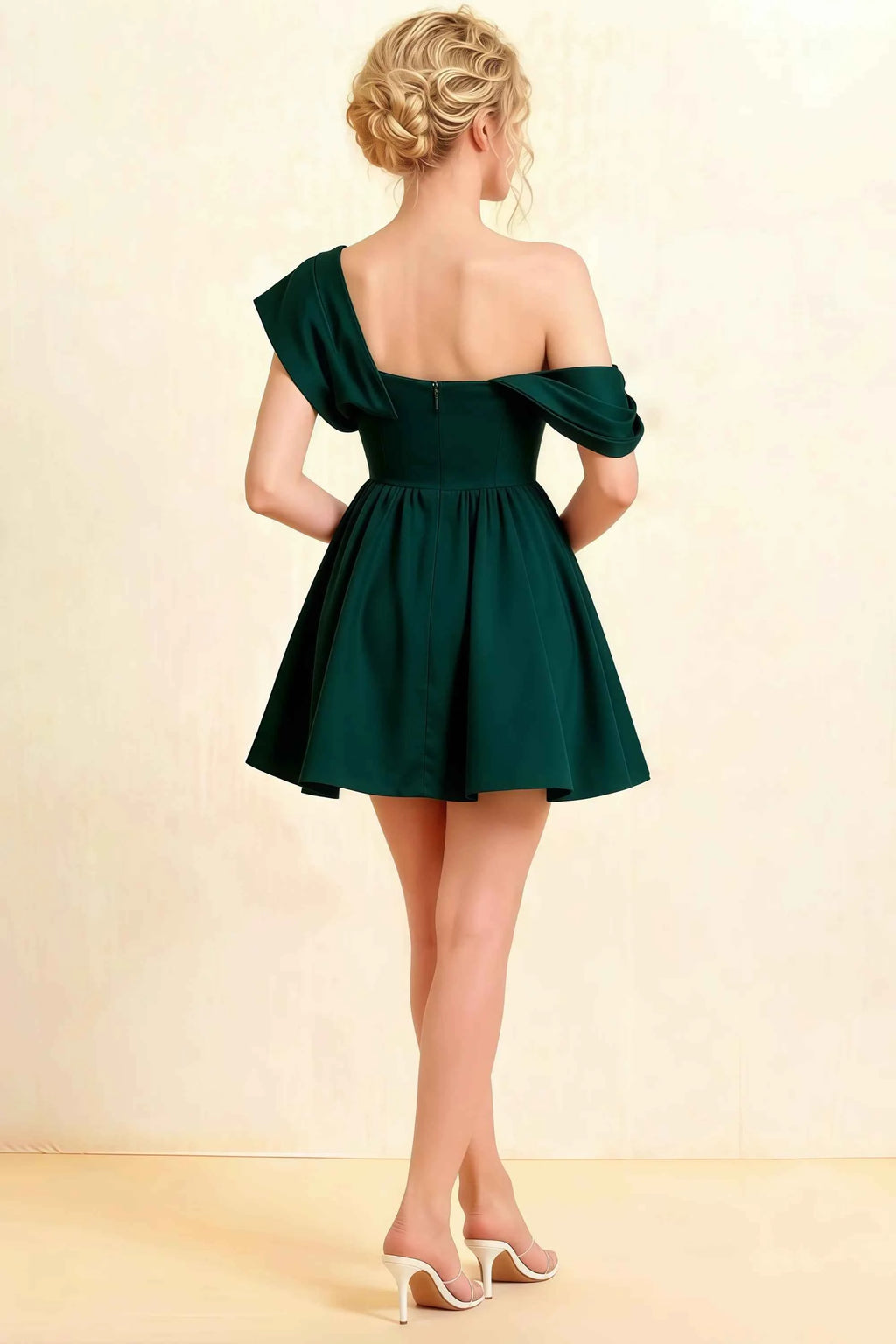 Cecilia Emerald Green One Shoulder Mini Skater Dress with Draped Asymmetric Neck