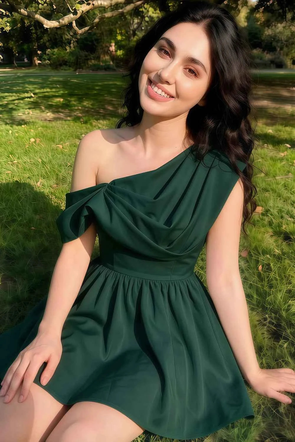 Cecilia Emerald Green One Shoulder Mini Skater Dress with Draped Asymmetric Neck