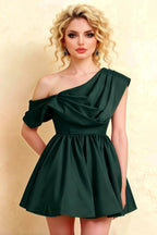 LVLVS Cecilia Emerald Green One Shoulder Mini Skater Dress Close-Up - Sophisticated Going Out & Club Dress with Draped Asymmetric Neck