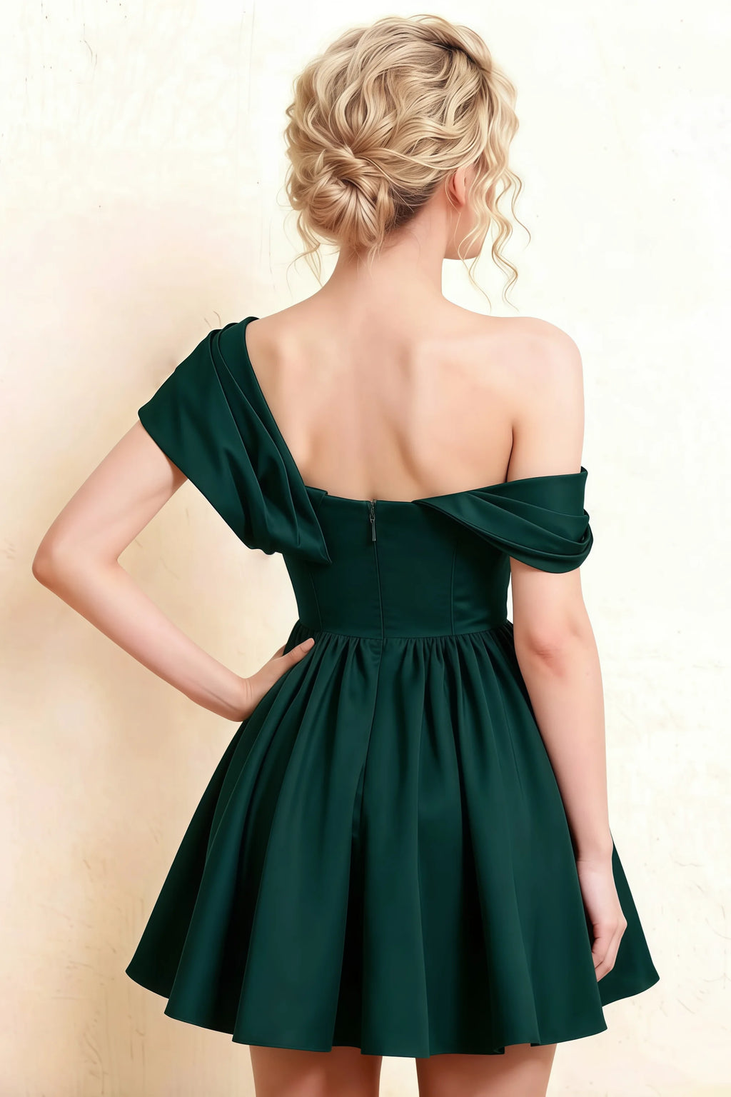 LVLVS Cecilia Emerald Green One Shoulder Mini Skater Dress Back Detail - Flattering Semi-Formal & Graduation Dress