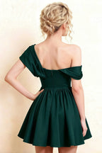 LVLVS Cecilia Emerald Green One Shoulder Mini Skater Dress Back Detail - Flattering Semi-Formal & Graduation Dress