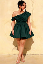 Plus Size Model in LVLVS Cecilia Emerald Green One Shoulder Mini Skater Dress - Trendy Sorority Rush & Homecoming Dress