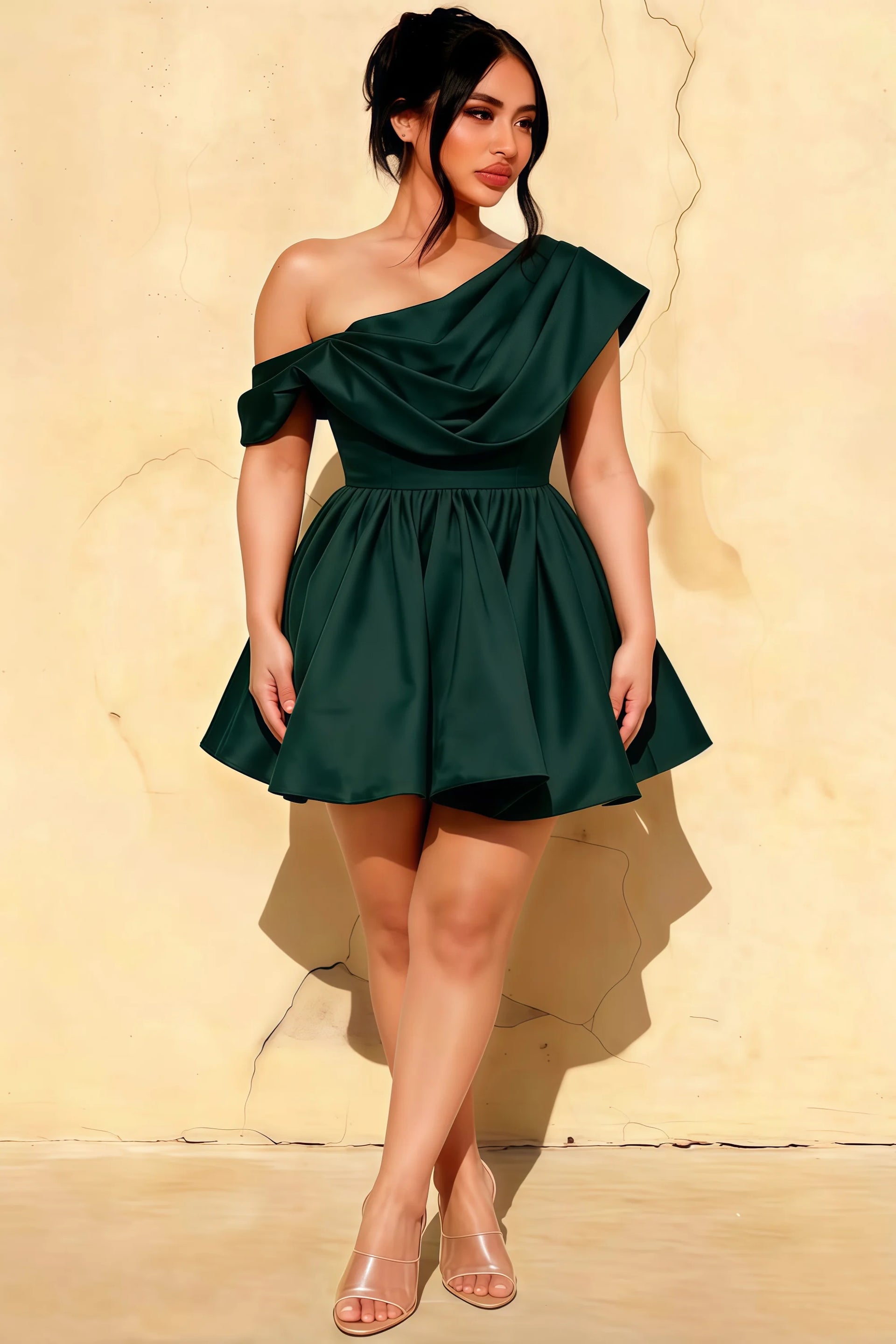 Plus Size Model in LVLVS Cecilia Emerald Green One Shoulder Mini Skater Dress - Trendy Sorority Rush & Homecoming Dress