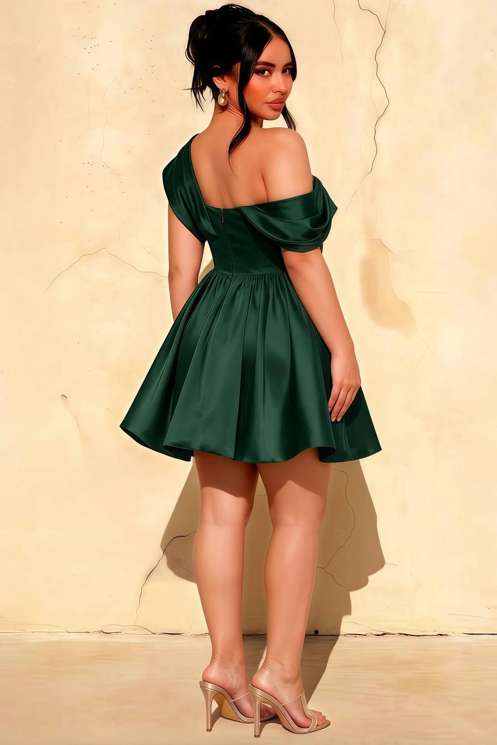 Plus Size LVLVS Cecilia Emerald Green One Shoulder Mini Skater Dress Back View - Inclusive Office & Work to Party Dress