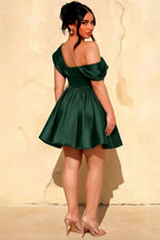 Plus Size LVLVS Cecilia Emerald Green One Shoulder Mini Skater Dress Back View - Inclusive Office & Work to Party Dress