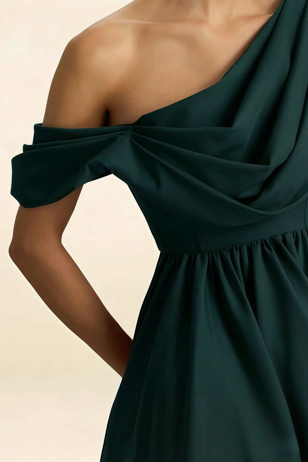 LVLVS Cecilia Emerald Green One Shoulder Mini Skater Dress Fabric Detail - Luxurious Crepe Material for Formal & Casual Wear