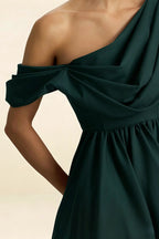 LVLVS Cecilia Emerald Green One Shoulder Mini Skater Dress Fabric Detail - Luxurious Crepe Material for Formal & Casual Wear