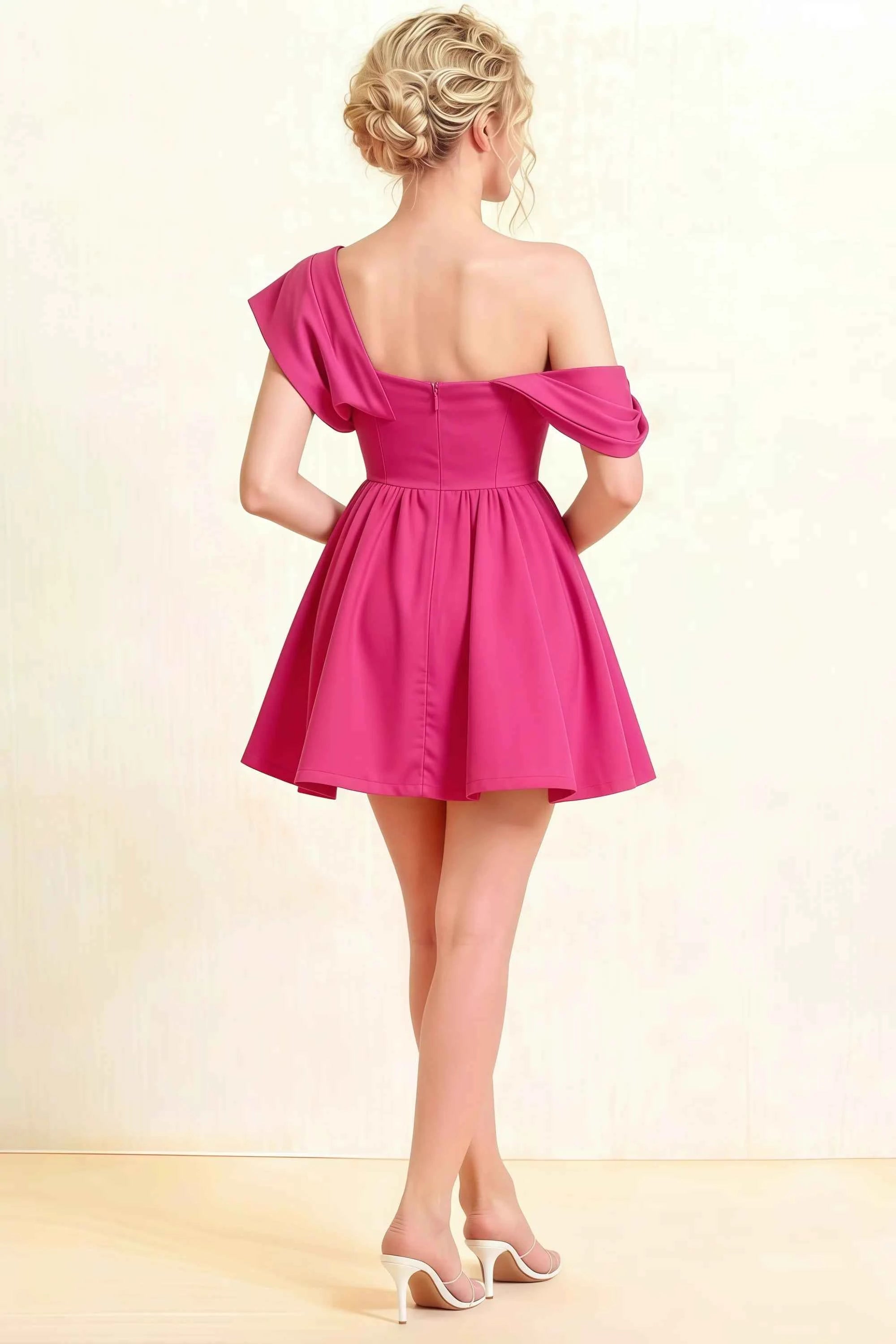 Cecilia Hot Pink One Shoulder Mini Skater Dress with Draped Asymmetric Neck Imagen secundaria del producto
