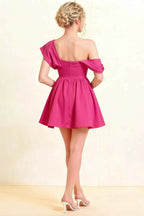 Cecilia Hot Pink One Shoulder Mini Skater Dress with Draped Asymmetric Neck