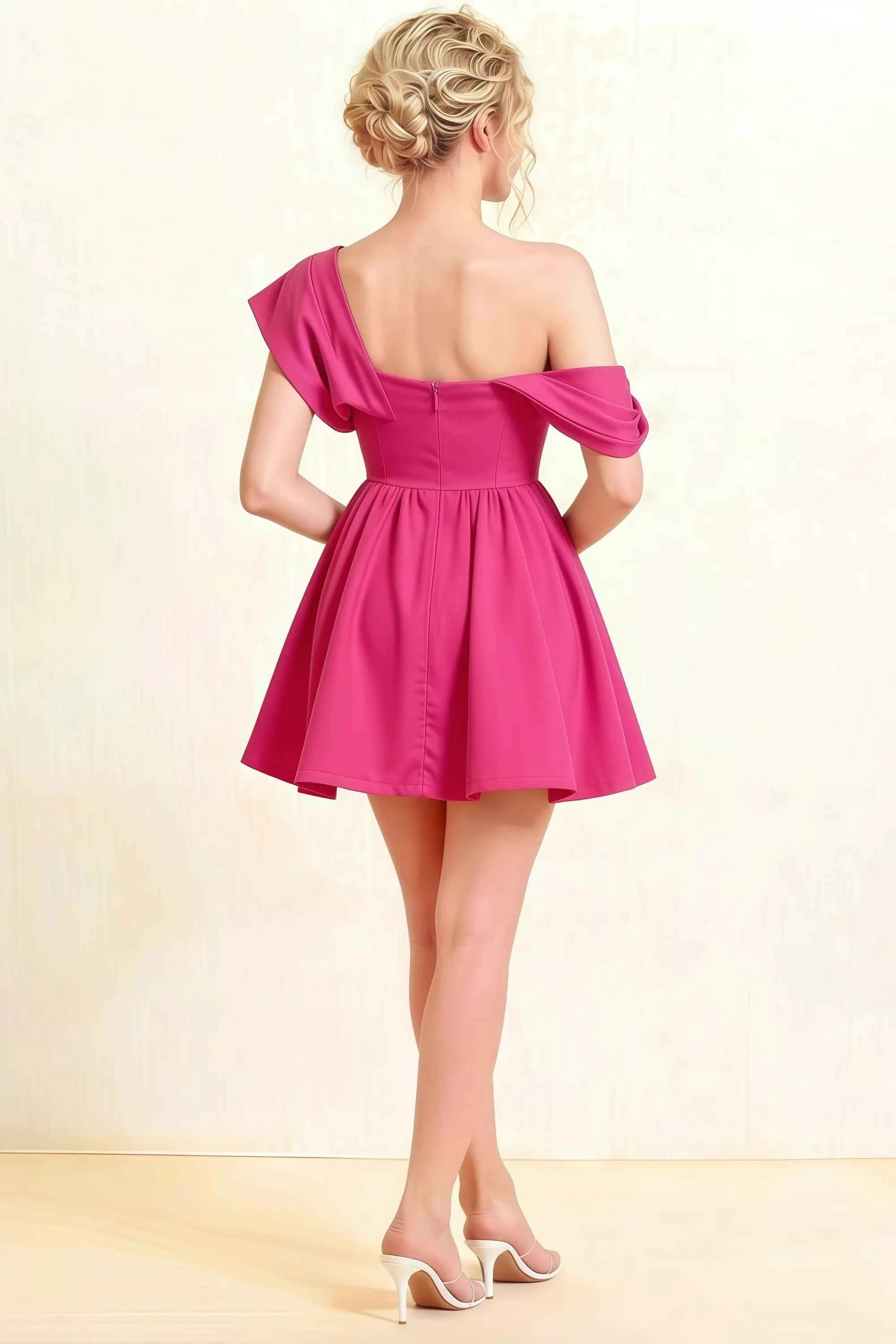 Cecilia Hot Pink One Shoulder Mini Skater Dress with Draped Asymmetric Neck