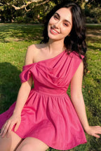 Cecilia Hot Pink One Shoulder Mini Skater Dress with Draped Asymmetric Neck