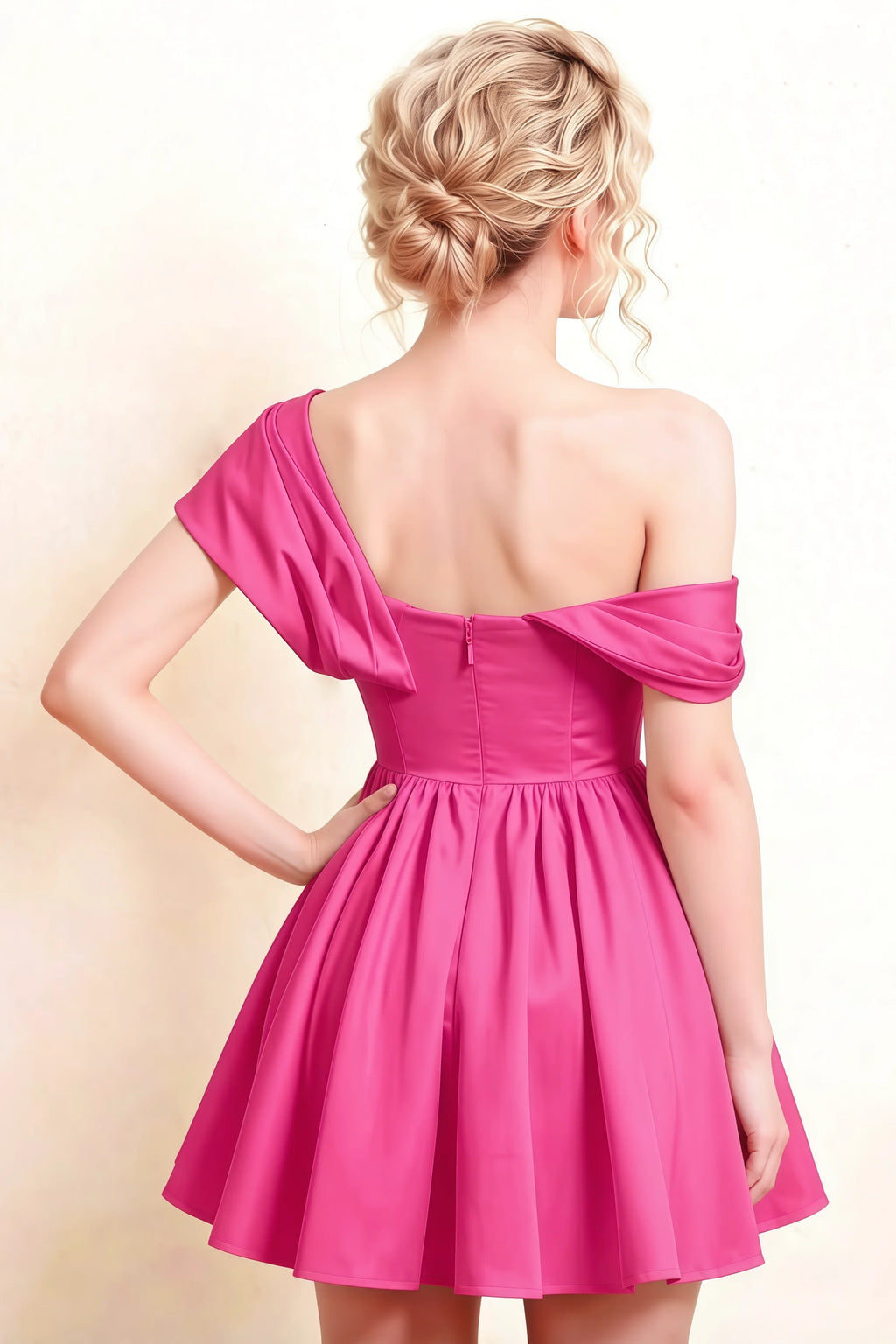 Detailed Back View of LVLVS Cecilia Hot Pink Dress Showing Zipper Closure and Flowy Skirt for Formal Wedding Guest Occasions