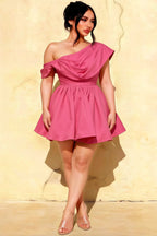 Plus Size Model in LVLVS Cecilia Hot Pink One Shoulder Dress - Flattering Fit for Graduation Ceremony and Club Going Out