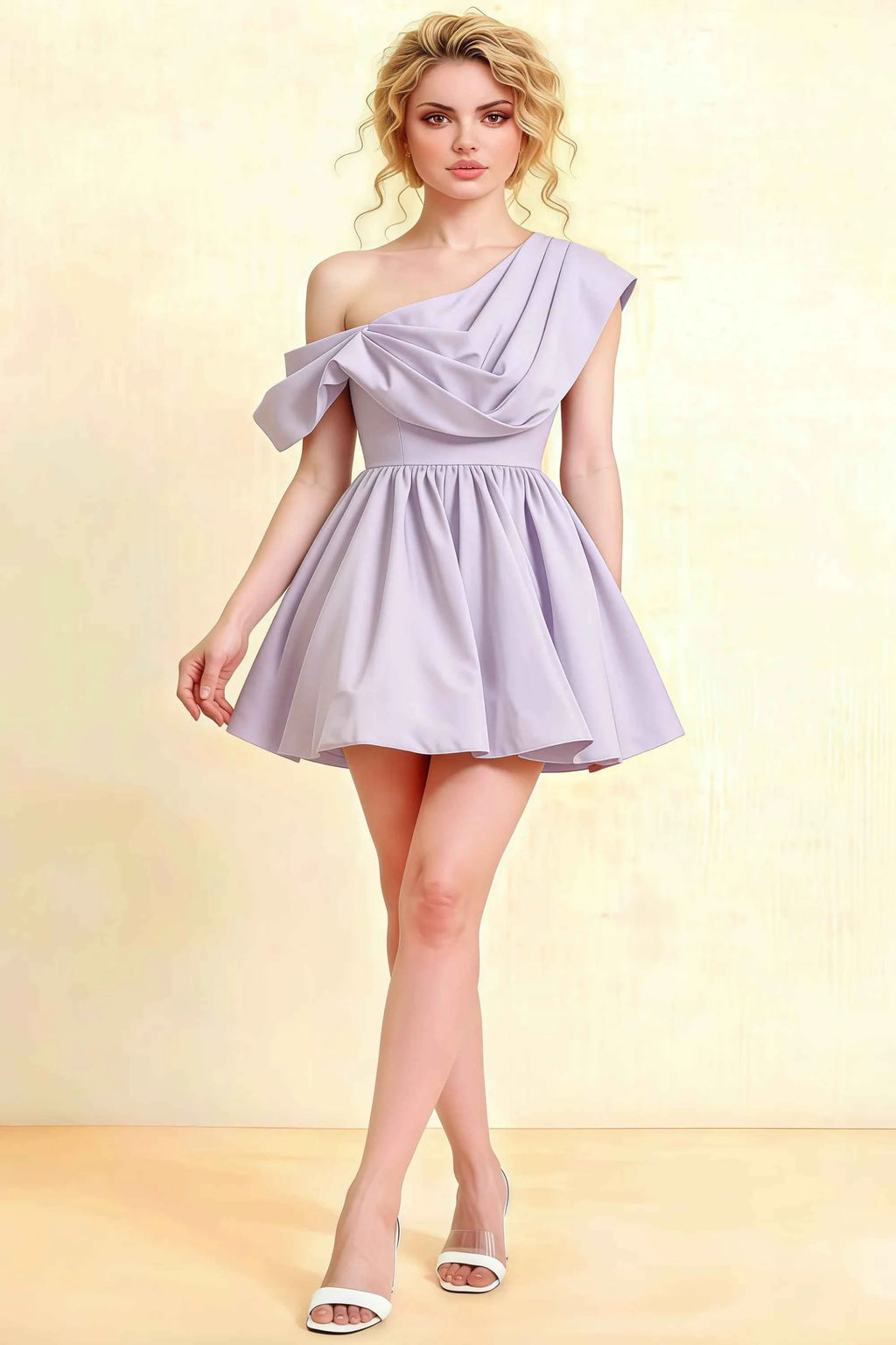 Cecilia Lavender One Shoulder Mini Skater Dress with Draped Asymmetric Neck