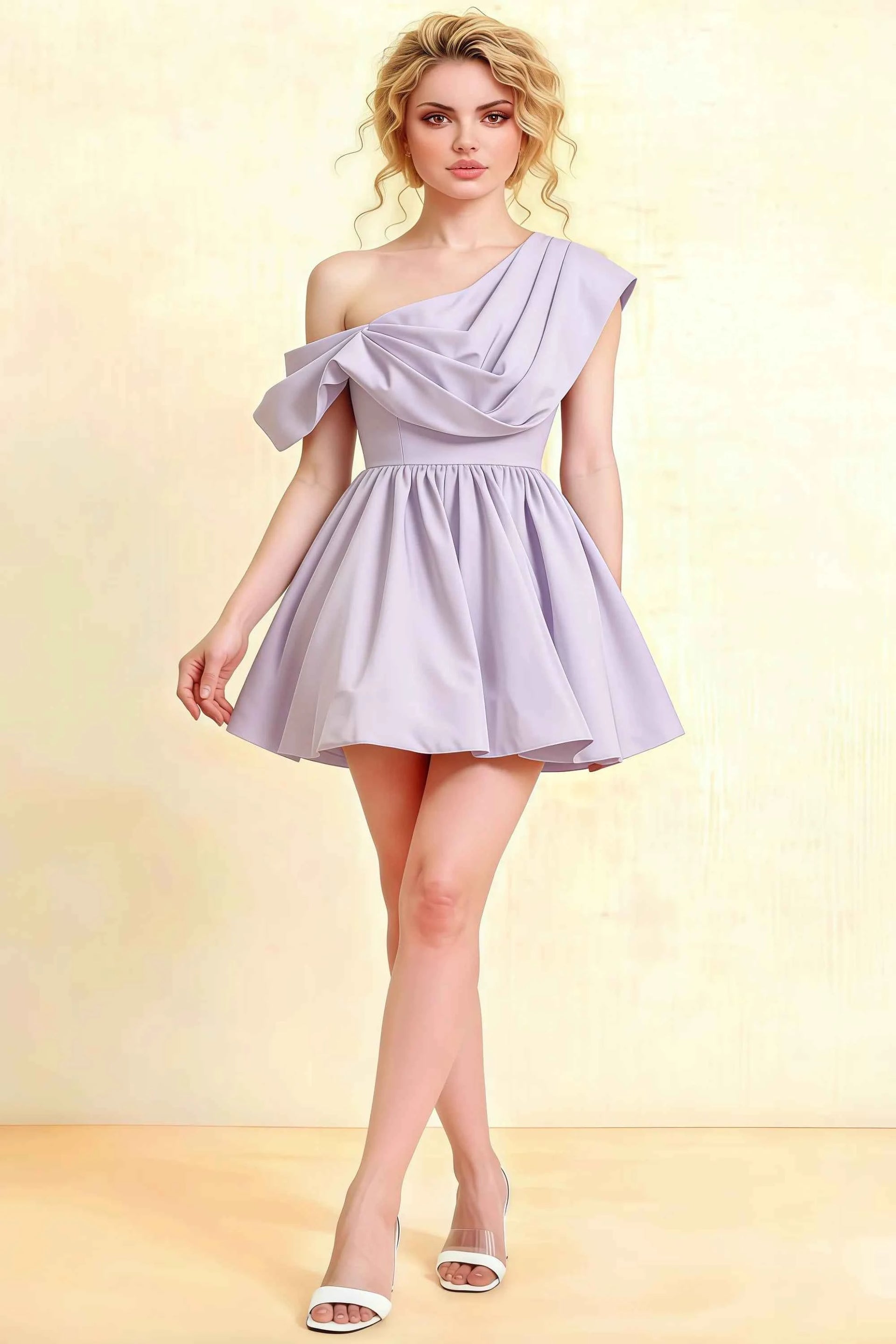 Cecilia Lavender One Shoulder Mini Skater Dress with Draped Asymmetric Neck