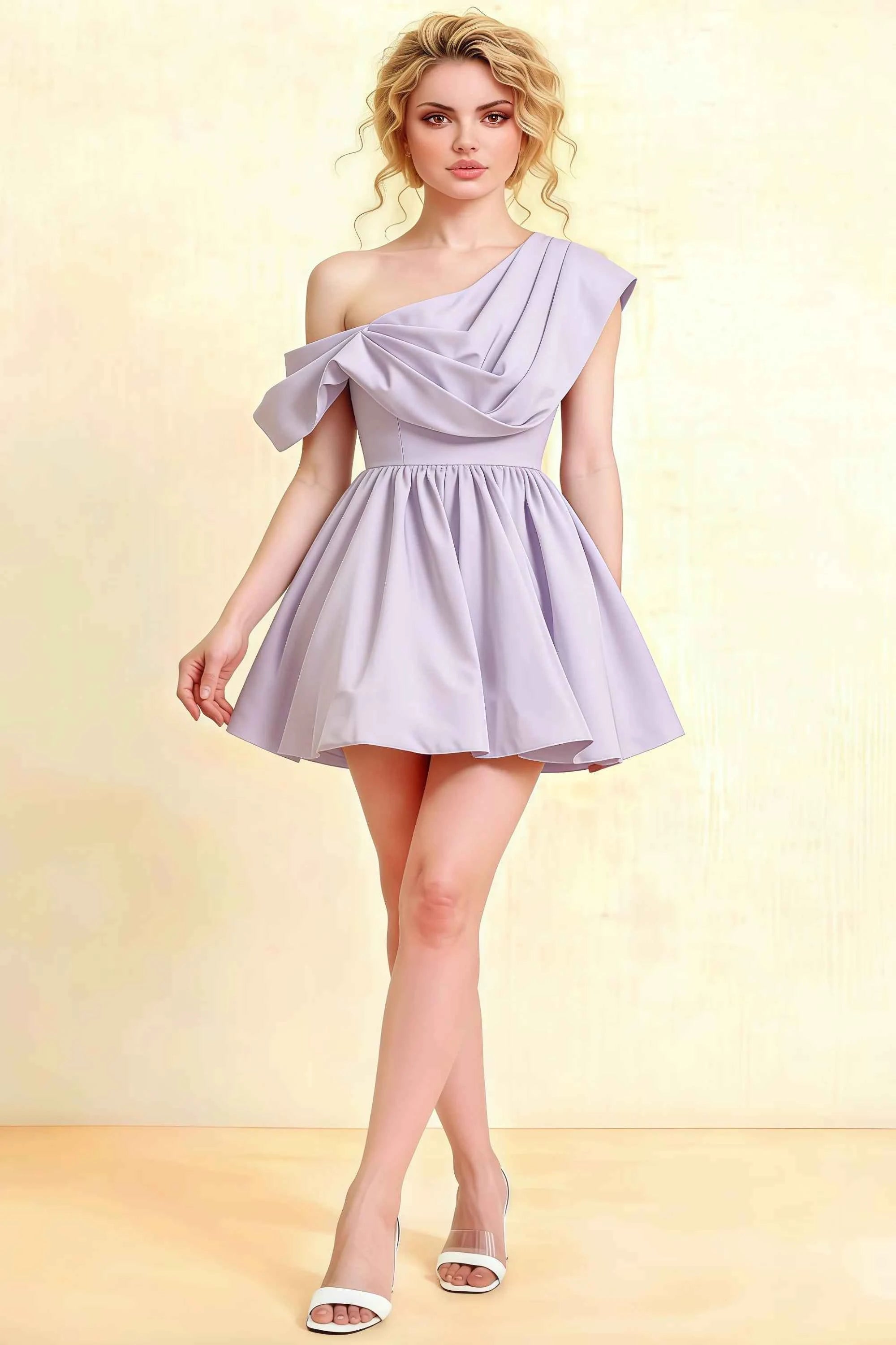 Cecilia Lavender One Shoulder Mini Skater Dress with Draped Asymmetric Neck Imagen principal del producto