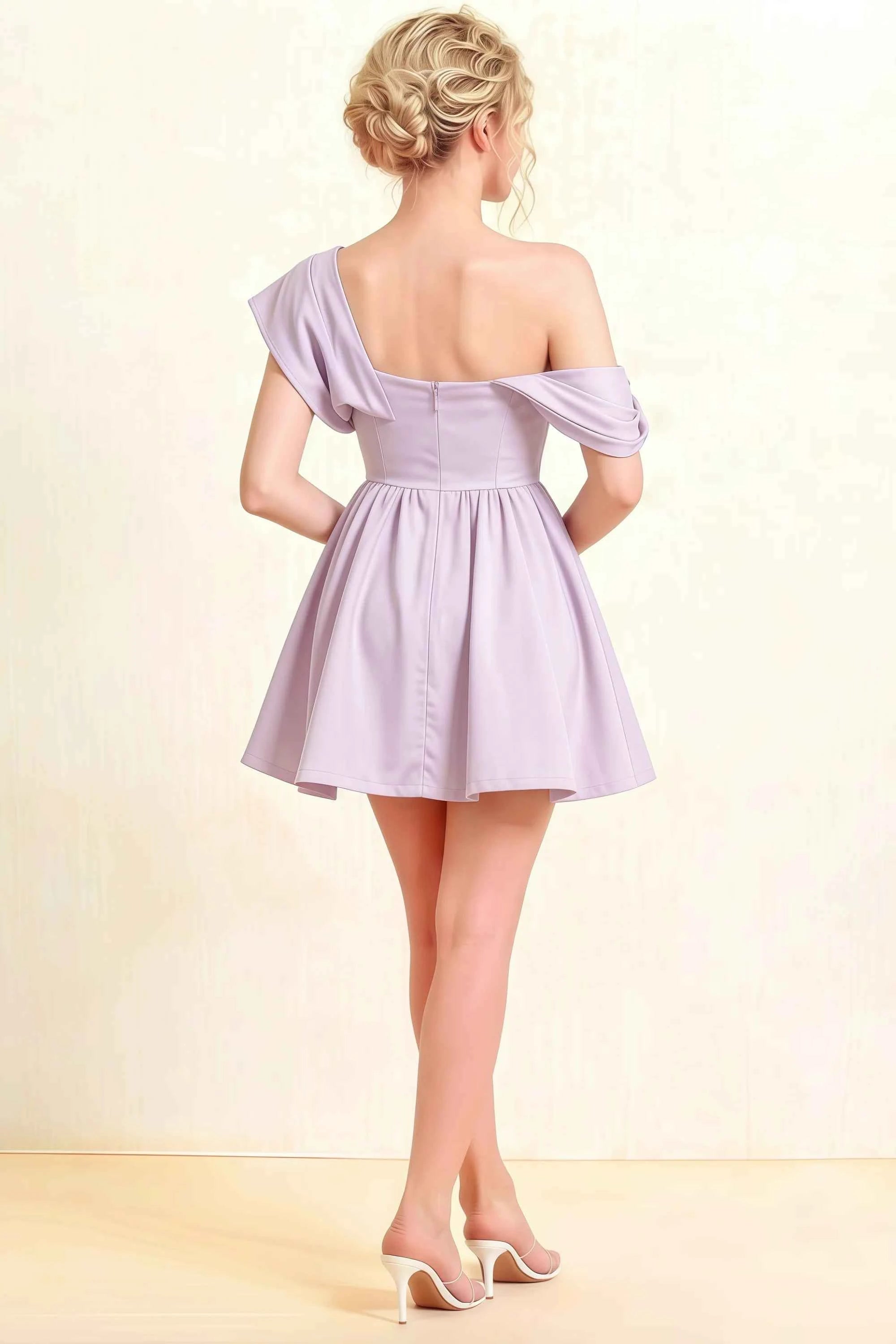 Cecilia Lavender One Shoulder Mini Skater Dress with Draped Asymmetric Neck Imagen secundaria del producto
