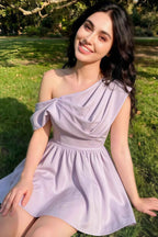 Cecilia Lavender One Shoulder Mini Skater Dress with Draped Asymmetric Neck